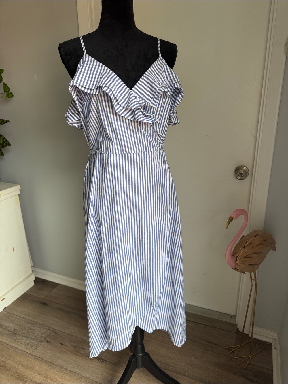 a new day Blue & White Striped Ruffle Midi Dress